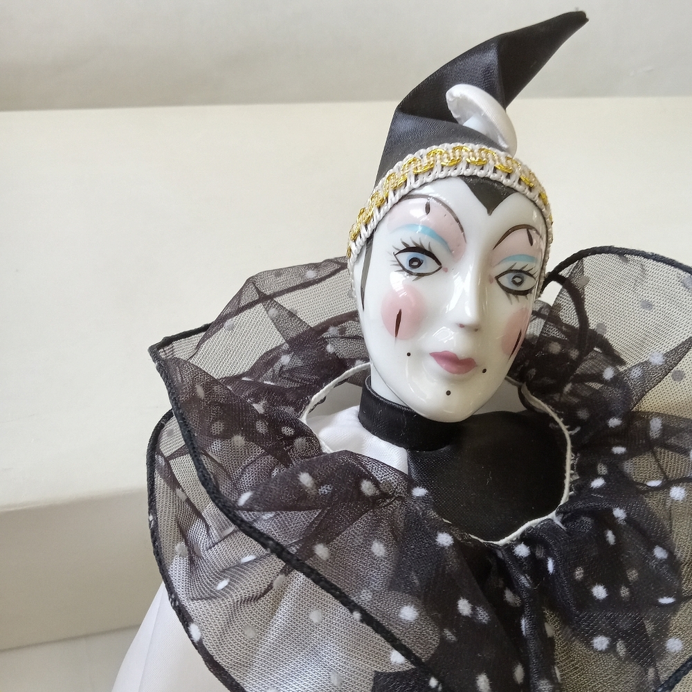 Porcelain Clown Doll with Black and White Polka Dot Outfit